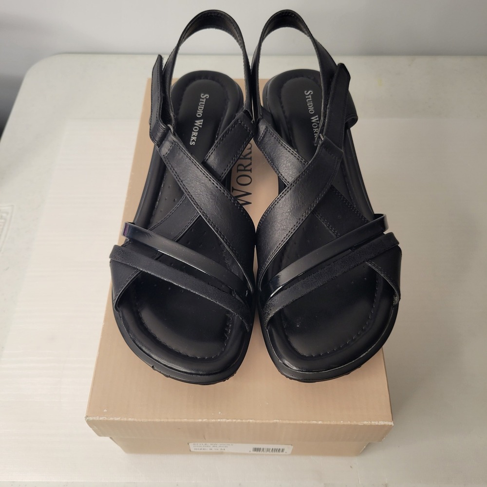 Studio Work SW-Vicky Sandals Women 8.5 Black Strappy Wedge Slingback Comfort New